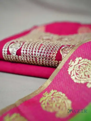 Gazer Premium Collection – 3 Piece Deep Pink Zari Jacquard Suit with Fresh Green Dupatta (GWP2503)