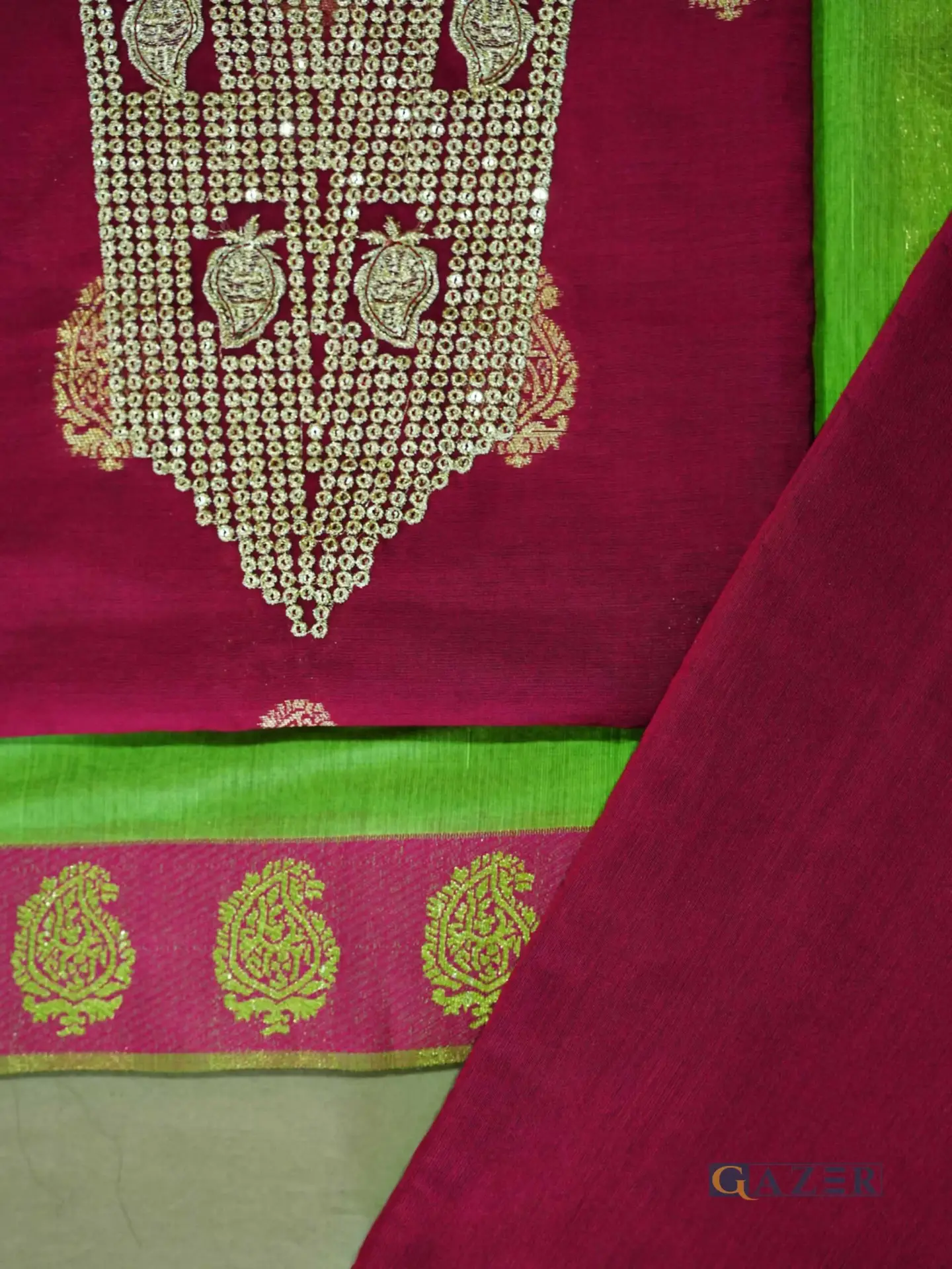 Gazer Premium Collection – 3 Piece Deep Pink Zari Jacquard Suit with Fresh Green Dupatta (GWP2503) - Image 7
