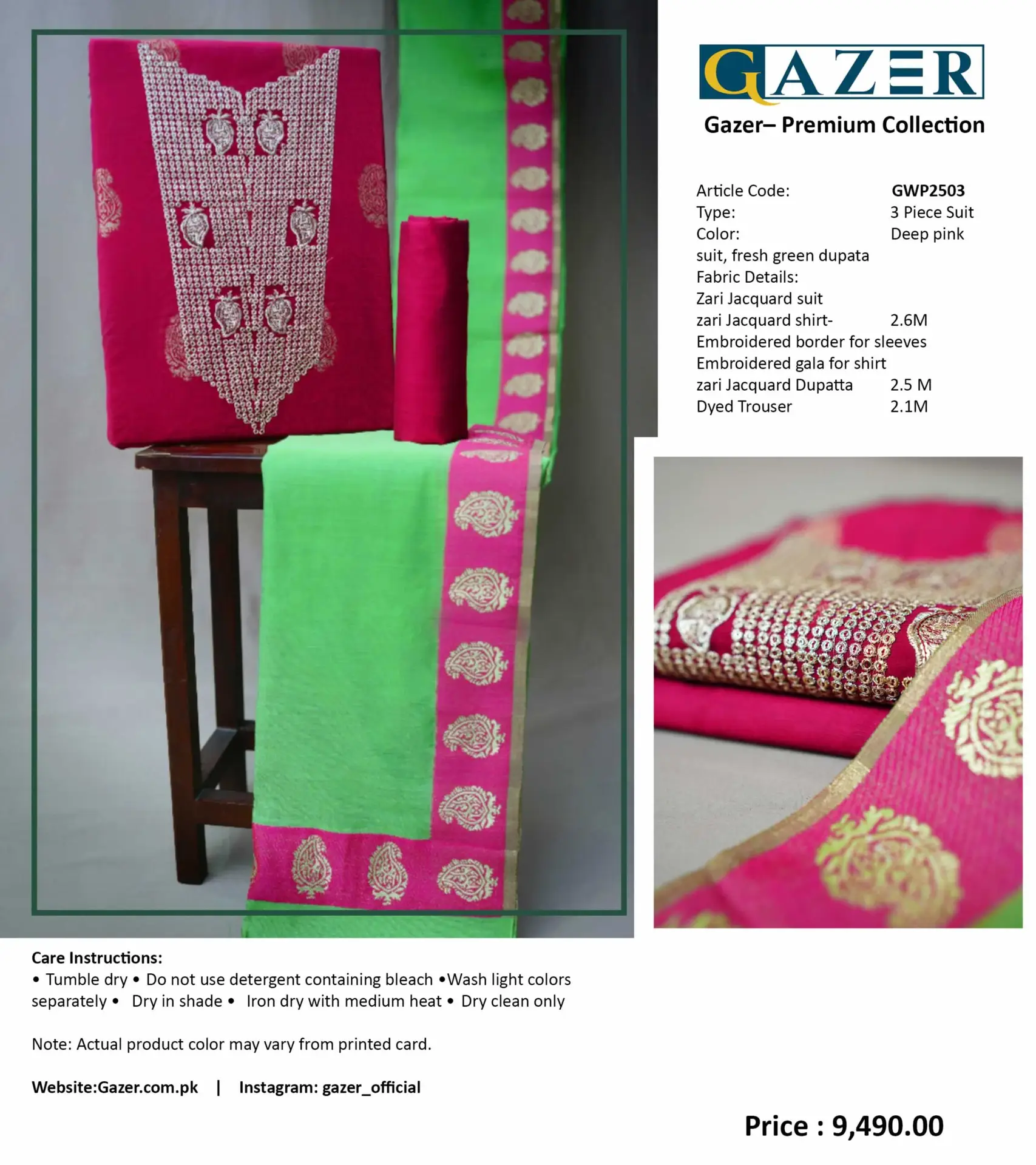 Gazer Premium Collection – 3 Piece Deep Pink Zari Jacquard Suit with Fresh Green Dupatta (GWP2503)