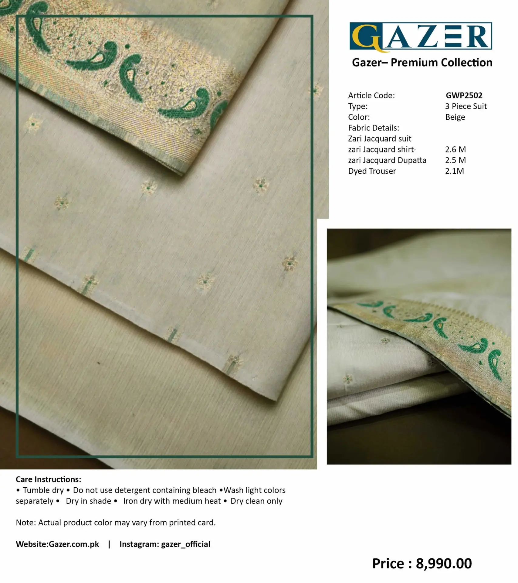 Gazer Premium Collection – 3 Piece Beige Zari Jacquard Suit with Elegant Border (GWP2502) - Image 6