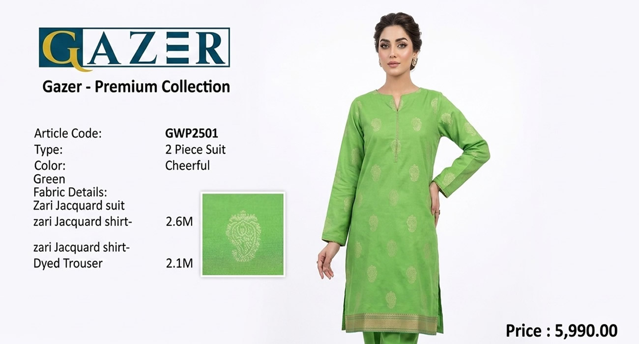 Gazer Premium Collection – 2 Piece Cheerful Green Zari Jacquard Suit (GWP2501) - Image 8