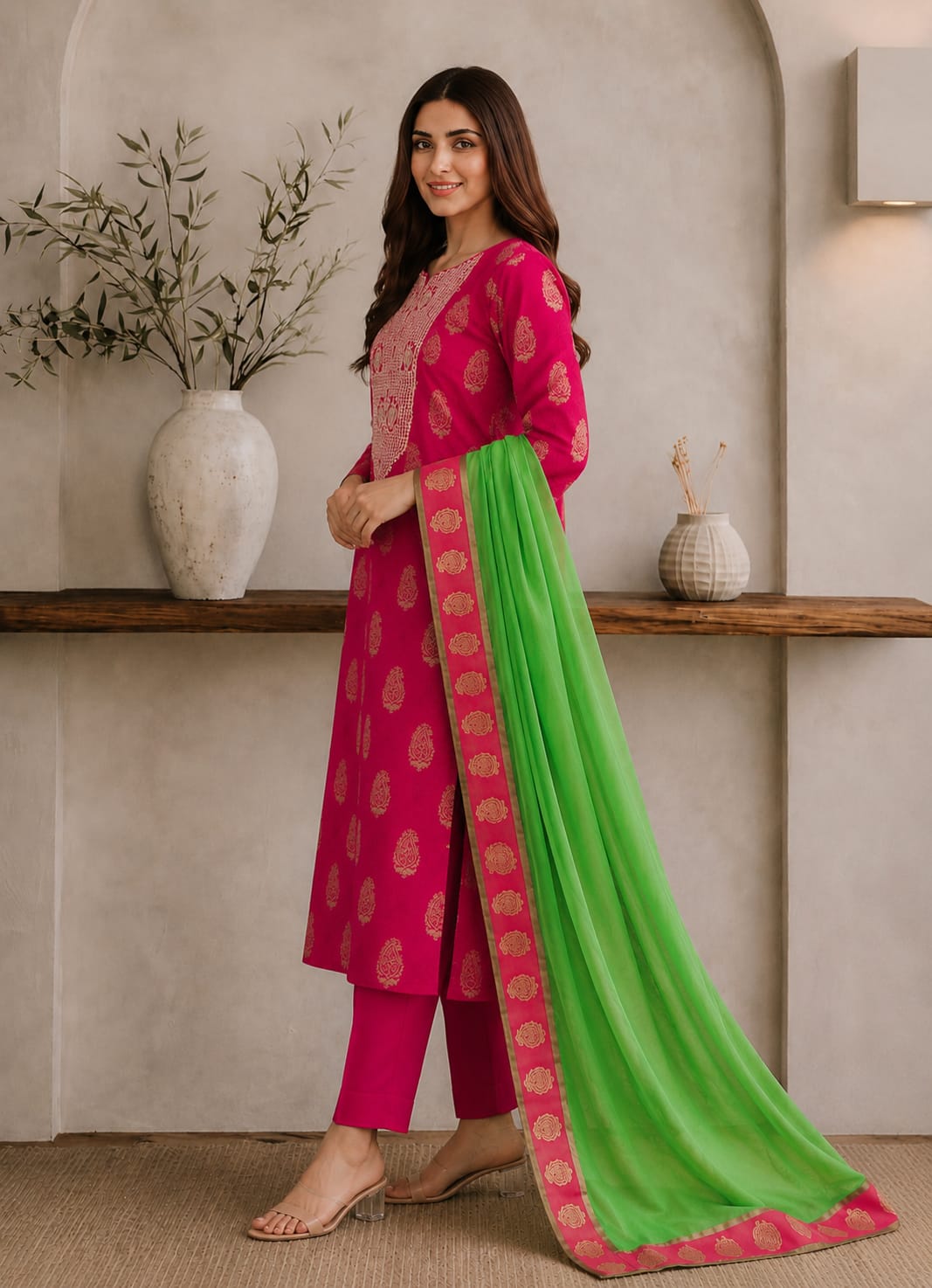 Gazer Premium Collection – 3 Piece Deep Pink Zari Jacquard Suit with Fresh Green Dupatta (GWP2503) - Image 4