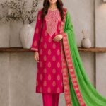 Gazer Premium Collection – 3 Piece Deep Pink Zari Jacquard Suit with Fresh Green Dupatta (GWP2503)