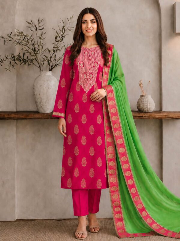 Gazer Premium Collection – 3 Piece Deep Pink Zari Jacquard Suit with Fresh Green Dupatta (GWP2503)
