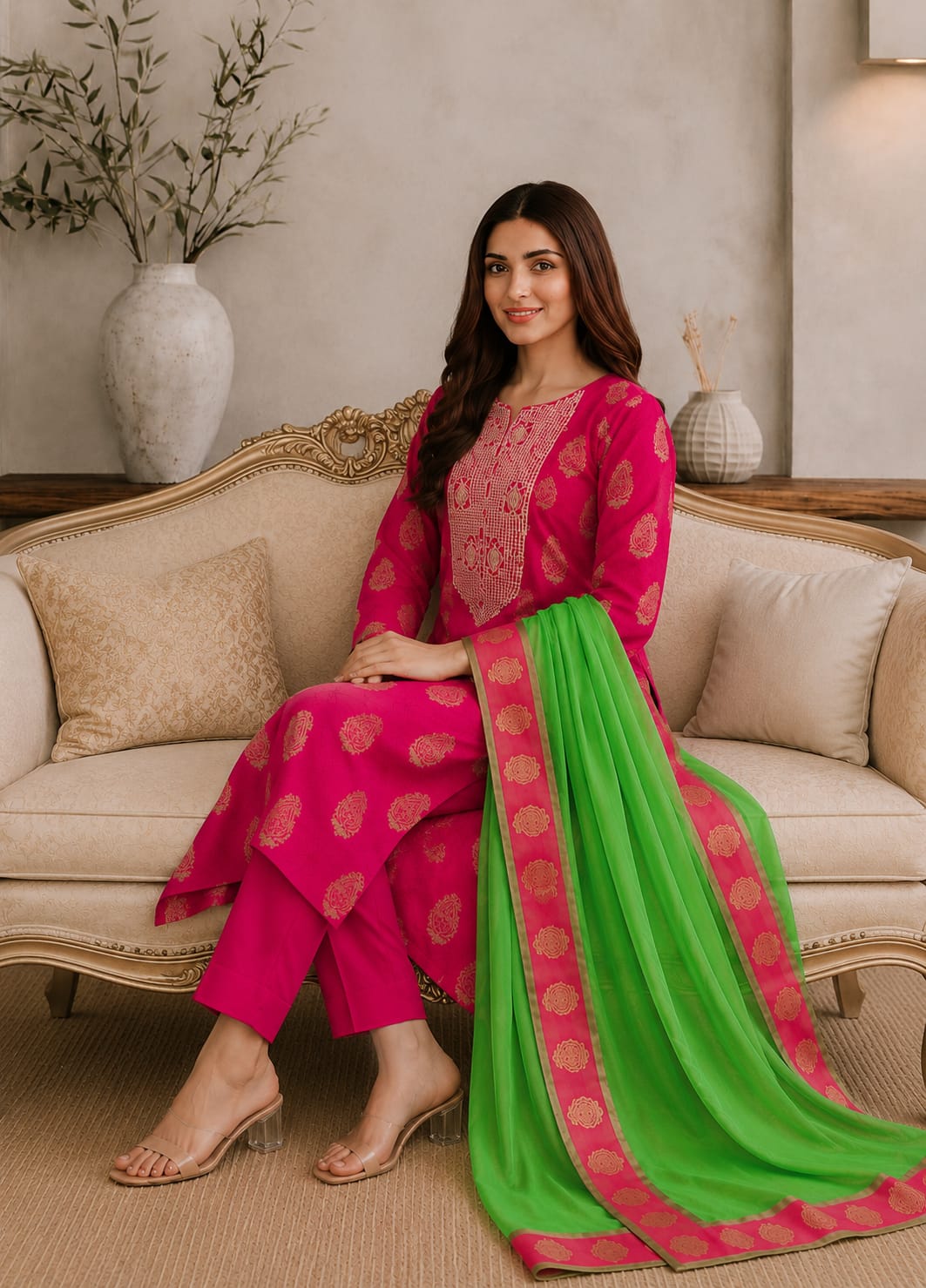 Gazer Premium Collection – 3 Piece Deep Pink Zari Jacquard Suit with Fresh Green Dupatta (GWP2503) - Image 3